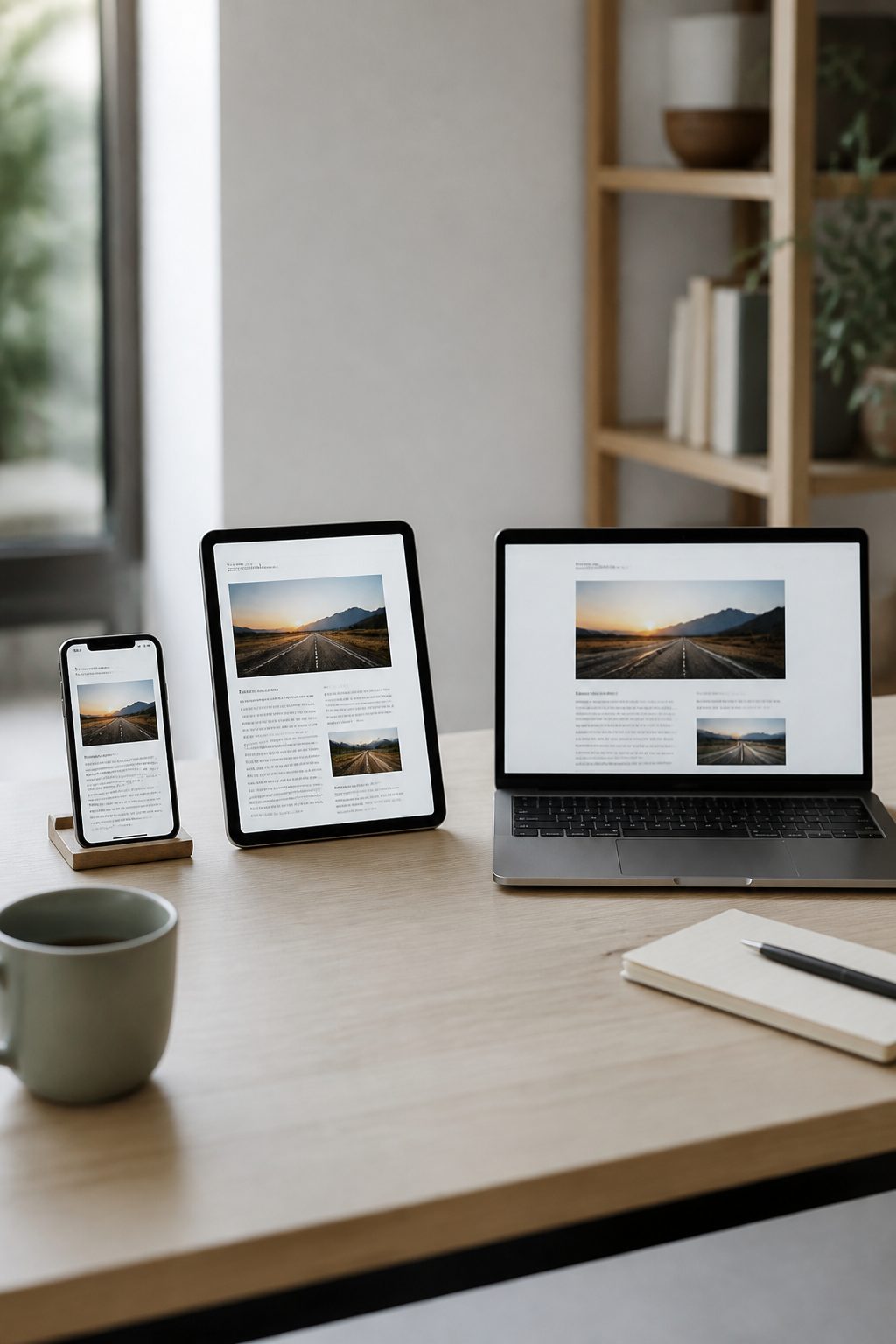 Téléphone, tablette et ordinateur portable posés côte à côte sur un bureau clair, affichant la même page à trois largeurs différentes.