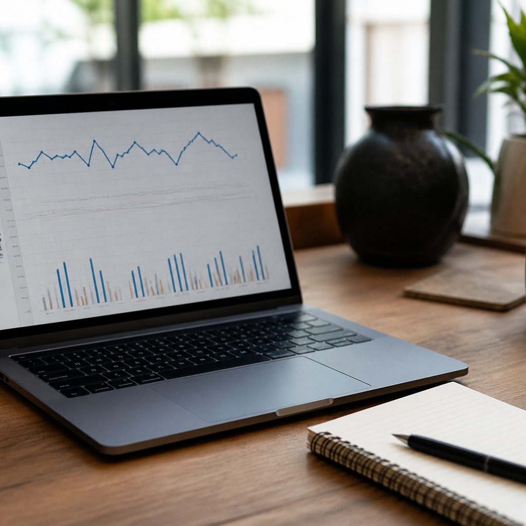 Ordinateur portable ouvert sur un tableau de mesures de temps de chargement, un carnet et un stylo posés à côté sur le bureau.